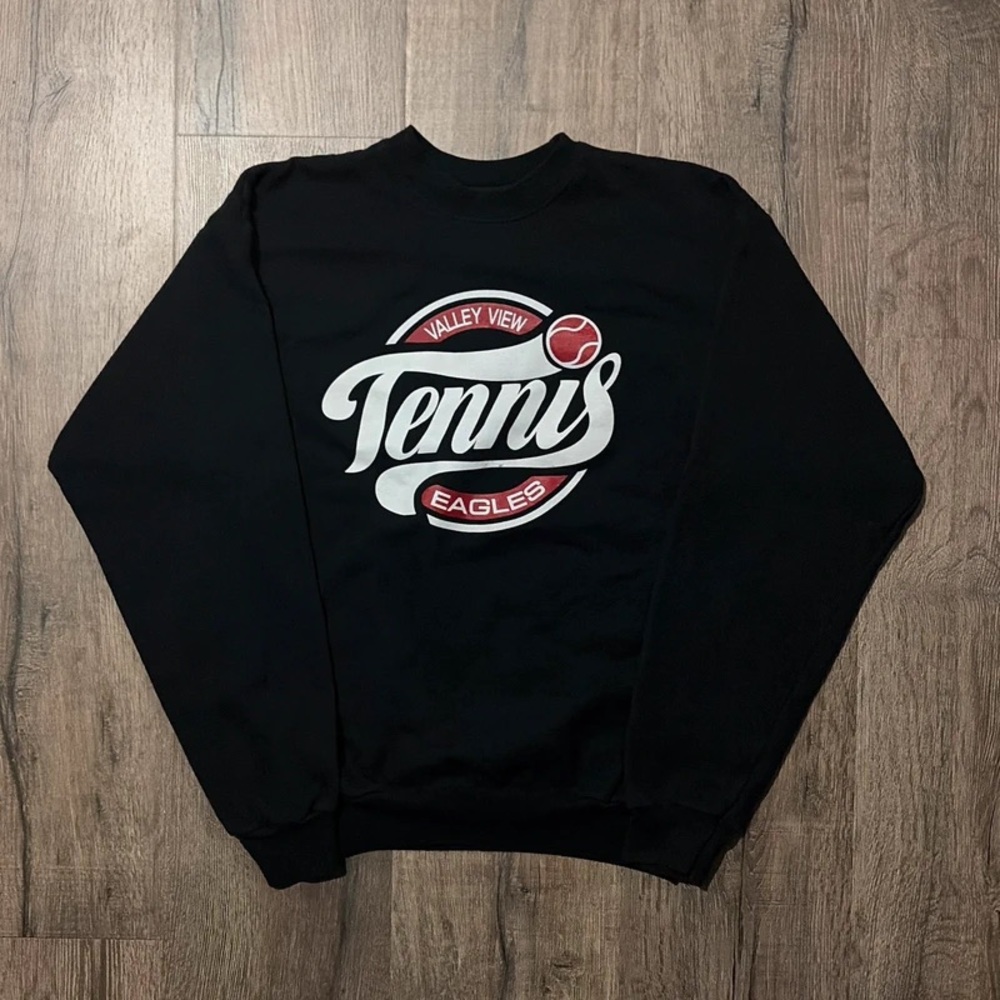 Hanes Black Crewneck Sweatshirt with White and Red Tennis Graphic